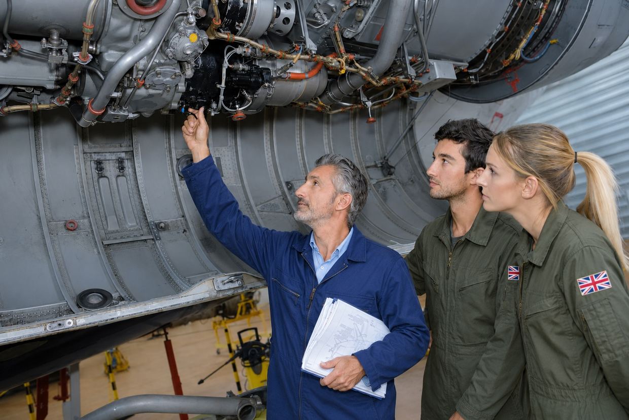 Aerospace engineers inspecting a jet engine in a maintenance hangar